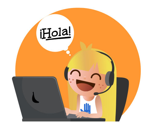 a girl at a laptop wearing headphones and speaking spanish