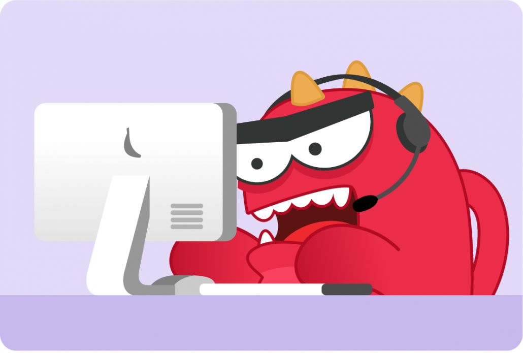 cartoon of an angry red lizard looking to a computer screen with headphones on