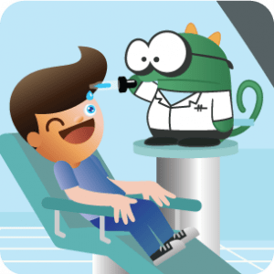 a child in a dentist chair and a lizard doctor cartoon putting drops in the childs eyes
