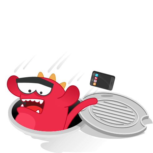Red lizard in a drain and telephone falling from his hand
