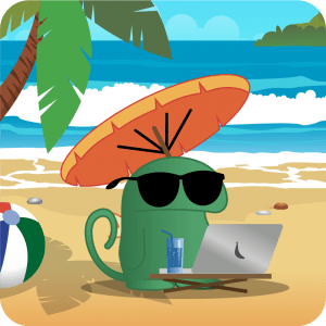 a lizard studying spanish with a laptop at the beach
