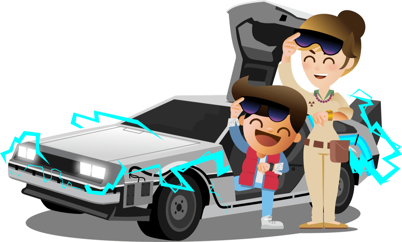 cartoon futuristic car with child and mother