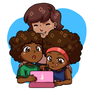 An illustration of a smiling woman with two children, a boy and a girl, looking at a pink tablet together. The children appear curious and engaged, and the family is surrounded by a comforting blue background, suggesting a warm and educational moment.