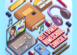 A colorful and organized illustration of a homeschool Spanish learning setup featuring a laptop displaying a friendly cartoon teacher, textbooks, a smartphone with educational apps, headphones, and stationery such as pencils, a sharpener, and notebooks. Flashcards with 'Hola' and 'Hello' are scattered around, symbolizing bilingual learning. Musical notes add a playful touch to the scene, suggesting an interactive and engaging educational experience.