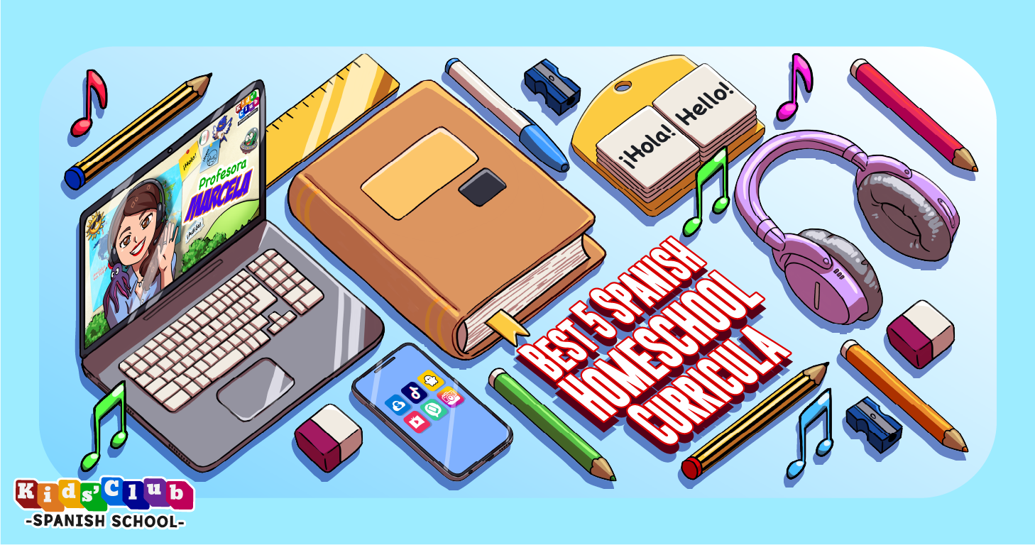 A colorful and organized illustration of a homeschool Spanish learning setup featuring a laptop displaying a friendly cartoon teacher, textbooks, a smartphone with educational apps, headphones, and stationery such as pencils, a sharpener, and notebooks. Flashcards with 'Hola' and 'Hello' are scattered around, symbolizing bilingual learning. Musical notes add a playful touch to the scene, suggesting an interactive and engaging educational experience.