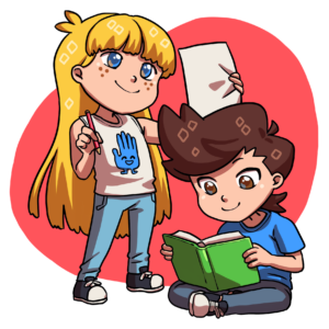A vibrant illustration of two cartoon children engaged in reading and drawing. A girl with long blonde hair, freckles, and a handprint t-shirt is holding up a piece of paper with a red drawing, and a pencil in her other hand, while a boy with brown hair sits cross-legged, absorbed in reading a green book. They are set against a warm red background, highlighting a scene of youthful creativity and education.