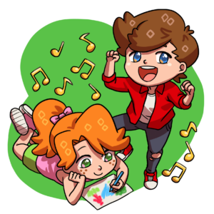 A vibrant illustration showcasing a boy in a red jacket dancing with joy and a girl lying on the ground, drawing with crayons on a piece of paper. Musical notes float around, symbolizing the rhythm that accompanies the boy's dance moves, while the girl looks up with a playful smile, engrossed in her artwork. They are framed by a lively green background that adds to the cheerful atmosphere of the scene.