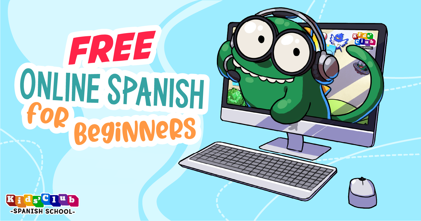 An animated graphic promoting ‘Free Online Spanish Classes for Beginners’ with a playful green cartoon character wearing headphones, sitting behind a computer screen that displays the ‘Kids Club - Spanish School’ logo. The background is light blue with wavy lines suggesting a digital landscape, emphasizing a fun and engaging virtual learning environment. Text and design elements in red, orange, and white are used to attract attention to the offer.