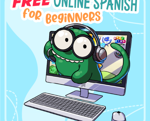Square promotional image featuring the text 'FREE ONLINE SPANISH FOR BEGINNERS' in bold, colorful letters at the top. In the center, a friendly green cartoon character with large glasses and headphones is smiling while using a computer, which displays images suggesting an online class environment. The 'Kids Club - Spanish School' logo is visible on the computer screen. The background is a cheerful light blue with white and blue decorative elements, evoking a fun, child-friendly online learning atmosphere.