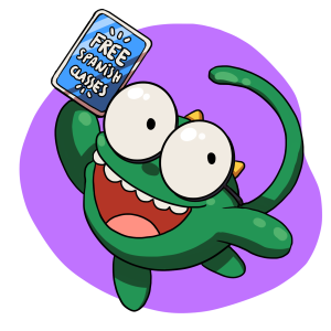 An enthusiastic cartoon creature with two large eyes and a wide smile holds up a sign that reads ‘Free Spanish Classes’. The character is green with small spikes on its back, resembling a friendly monster. Its excitement is evident, conveying the appeal of free online Spanish classes. The background is a pleasant purple, emphasizing the creature’s joyful expression.