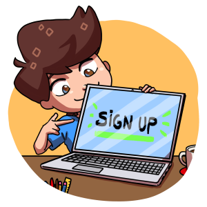 Illustration of a cheerful young boy peeking from behind a laptop screen displaying the words 'SIGN UP' in a playful, green font. He's pointing towards the screen, inviting kids to sign up for Spanish lessons. The background is a warm yellow, suggesting a friendly and welcoming learning environment.