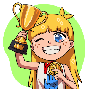 A joyful cartoon girl with blonde hair and a big smile, holds a golden trophy in one hand and a gold medal with a red ribbon in the other, symbolizing achievement and success. She has freckles, and her eyes sparkle with pride. Her shirt features a cute blue character, adding a playful touch to her victory pose. This image captures the delight of accomplishment, much like the satisfaction one might feel after completing free online Spanish classes.