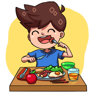 A delighted cartoon boy with brown hair enjoys a plate filled with diverse foods, embodying the fun of 'Dinner in Spanish'
