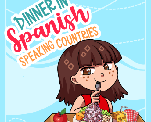 A cheerful illustration for "Dinner in Spanish Speaking Countries" featuring an animated girl with brown hair eating a salad, with an apple and a box of 'Naranja' juice on the table, against a backdrop with the logo of 'Kids Club - Spanish School'