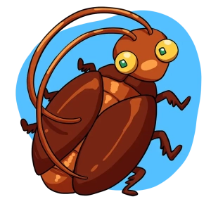 Cartoon illustration of a whimsical brown cockroach with large green eyes, standing upright against a light blue background.