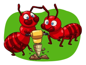 Cartoon illustration of two bright red ants, each with exaggerated facial expressions, working together to dig a hole with a yellow and brown shovel in a green background.