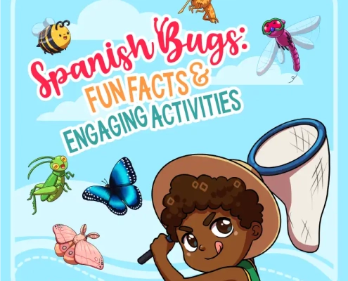 Colorful educational graphic for 'Spanish Bugs: Fun Facts & Engaging Activities'. The illustration features a young boy with dark curly hair, wearing a hat and holding a magnifying glass, surrounded by animated insects including a bee, dragonfly, grasshopper, and two butterflies against a light blue sky background.