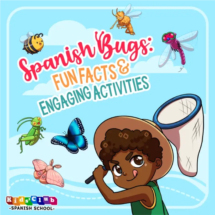 Colorful educational graphic for 'Spanish Bugs: Fun Facts & Engaging Activities'. The illustration features a young boy with dark curly hair, wearing a hat and holding a magnifying glass, surrounded by animated insects including a bee, dragonfly, grasshopper, and two butterflies against a light blue sky background.