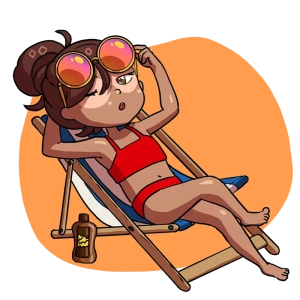 A girl in a red bikini relaxing on a beach chair with sunglasses, and suntan lotion bottle beside her.