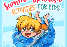 Cartoon child swimming with "Summer Spanish Activities for Kids" text and Kids' Club Spanish School logo.