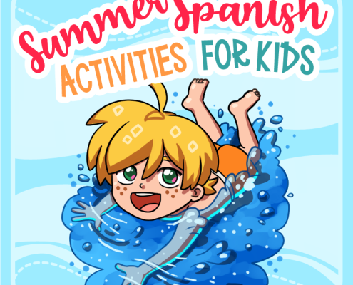 Cartoon child swimming with "Summer Spanish Activities for Kids" text and Kids' Club Spanish School logo.