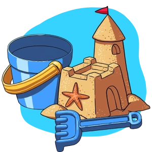 A blue bucket and shovel next to a sandcastle with a starfish and a red flag on top.