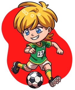 A joyful cartoon girl with blonde hair and a big smile, holds a golden trophy in one hand and a gold medal with a red ribbon in the other, symbolizing achievement and success. She has freckles, and her eyes sparkle with pride. Her shirt features a cute blue character, adding a playful touch to her victory pose. This image captures the delight of accomplishment, much like the satisfaction one might feel after completing free online Spanish classes.